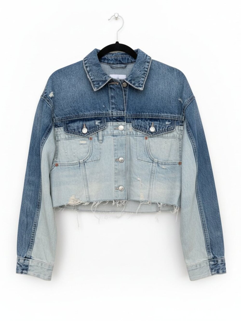 Zara Two-Tone Cropped Distressed Denim Jacket Size XS
